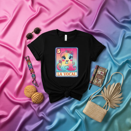 LA VOCAL Cute Mexican Loteria Card Graphic Tee, Rainbow Letter A Shirt, Funny Spanish Alphabet Game T-shirt, Fiesta Cinco de Mayo Gift, Unisex Black Top Mexicada