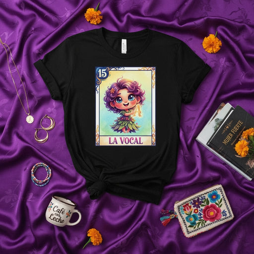 LA VOCAL Loteria Card T-Shirt, Cute Cartoon Girl Character Graphic Tee, Mexican Bingo Game Inspired Unisex Top, Number 15 Unique Design Mexicada