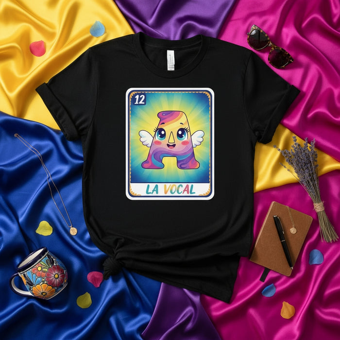 LA VOCAL Loteria Card T-Shirt Cute Letter A Graphic Tee Funny Spanish Bingo Game Design Unisex Shirt Mexicada