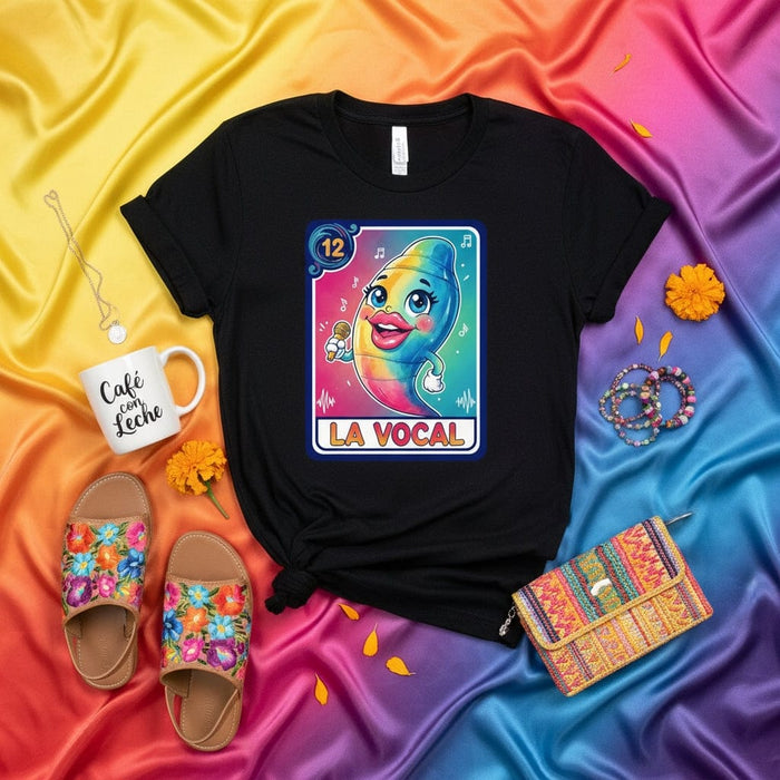 LA VOCAL Rainbow Plantain T-Shirt, Cute Lotería Card Design, Mexican Bingo Game Art, Unisex Graphic Tee, Spanish Language Singer Pun, Latina Gift Idea Mexicada