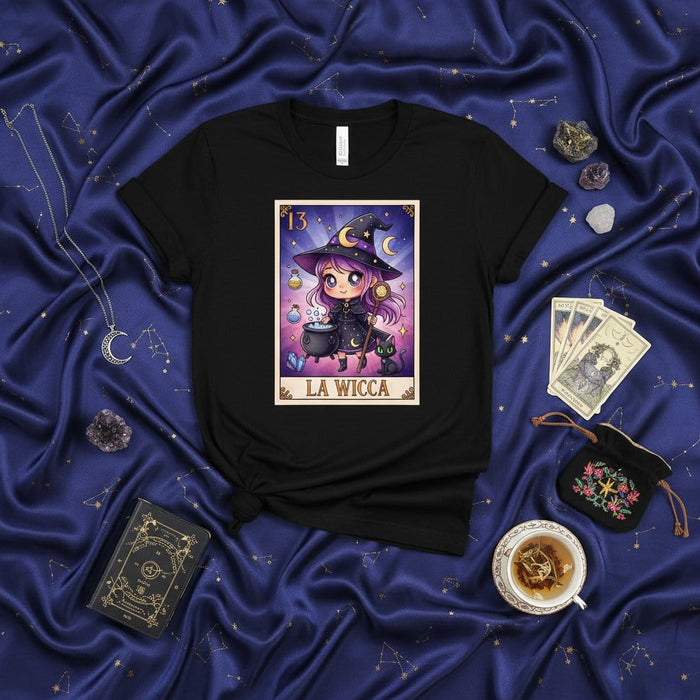 LA WICCA Cute Chibi Witch Lotería Card 13 Black Unisex T-Shirt, Halloween Magic Celestial Design, Mystical Occult Apparel Gift Mexicada