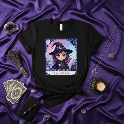 LA WICCA Cute Chibi Witch Lotería Card T-Shirt, Kawaii Pagan Wiccan Tarot Game Art Tee, Celestial Magical Black Cat Shirt, Occult Aesthetic Gift for Witches, Number 13 Mexicada