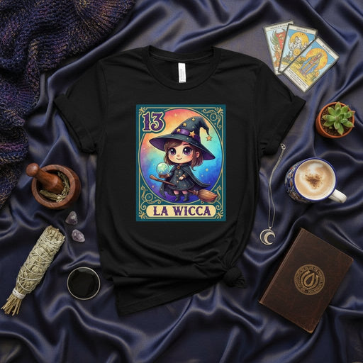 LA WICCA Cute Chibi Witch Lotería Card T-Shirt, Mystical Tarot Reading Fortune Teller Graphic Tee, Number 13 Magical Celestial Pagan Goth Unisex Shirt Mexicada