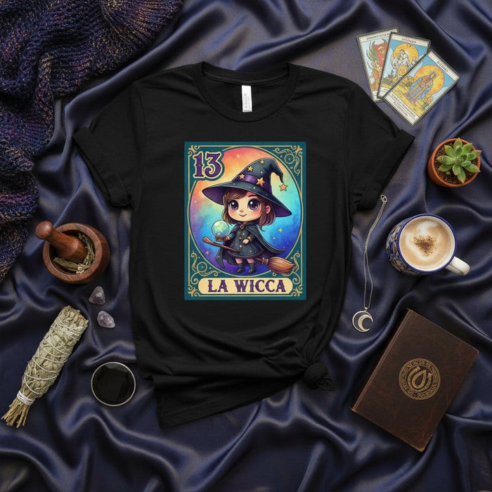LA WICCA Cute Chibi Witch Lotería Card T-Shirt, Mystical Tarot Reading Fortune Teller Graphic Tee, Number 13 Magical Celestial Pagan Goth Unisex Shirt Mexicada