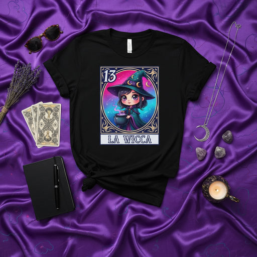 LA WICCA Spooky Cute Witch Loteria Card T-Shirt, Celestial Moon Stars Wiccan Pagan Goth Halloween Unisex Tee, Number 13 Chibi Witchcraft Shirt Mexicada