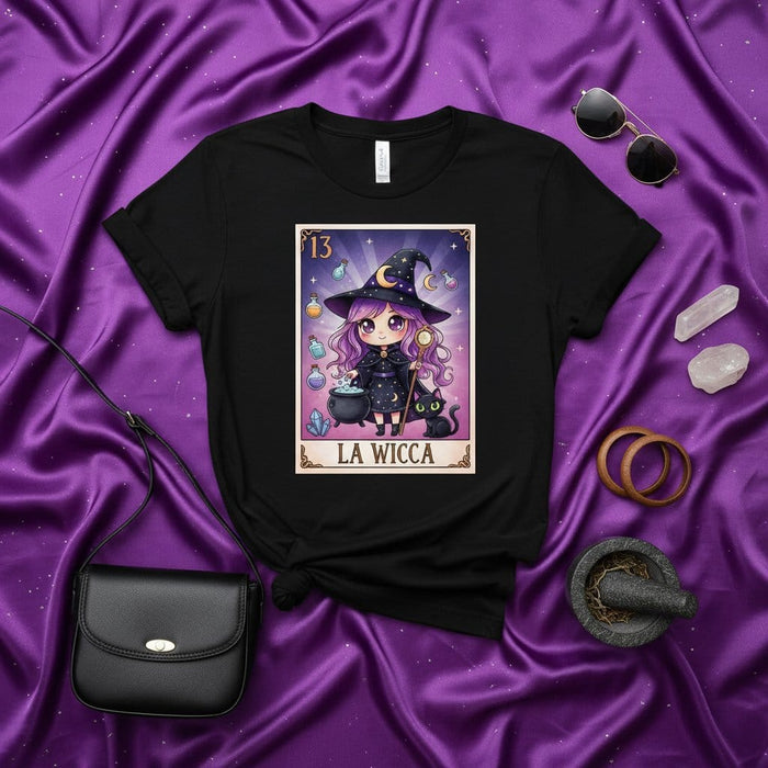 LA WICCA Spooky Cute Witch Loteria Card T-Shirt, Number 13, Chibi Goth Style Tee with Black Cat, Mystical Magic Kawaii Halloween Graphic Gift, Unisex Fit Shirt for Pagan and Occult Fans Mexicada