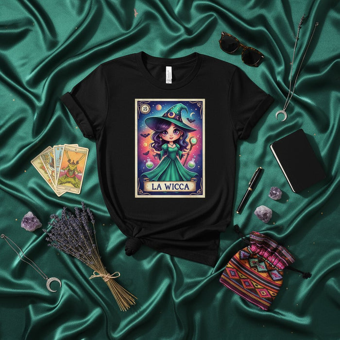 LA WICCA Spooky Witch Tarot Card T-Shirt, Halloween Costume Shirt, Cute Magical Witch Hat Galaxy Design, Unisex Lotería Card Graphic Tee, Number 13 Mexicada