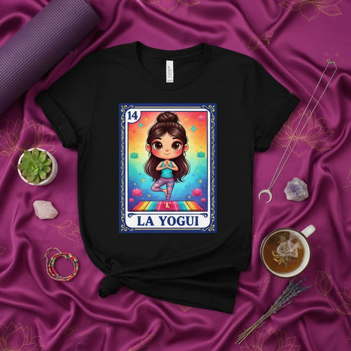 LA YOGUI Cute Cartoon Yoga Girl Loteria Card T-Shirt, Number 14 La Sirena Mexican Bingo Game Inspired Design, Unisex Graphic Tee Gift for Yogi and Meditation Lovers Mexicada