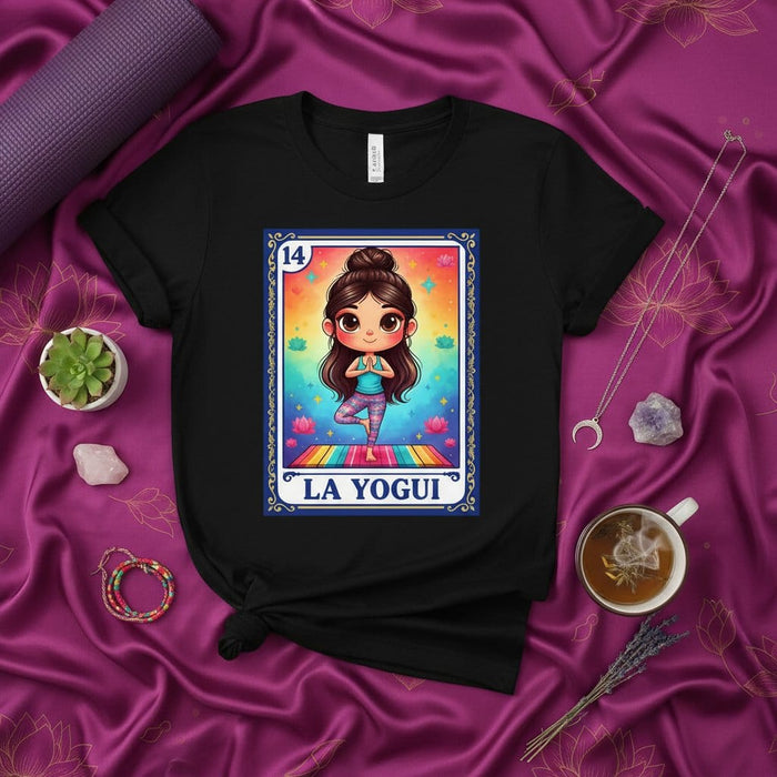 LA YOGUI Cute Cartoon Yoga Girl Loteria Card T-Shirt, Number 14 La Sirena Mexican Bingo Game Inspired Design, Unisex Graphic Tee Gift for Yogi and Meditation Lovers Mexicada