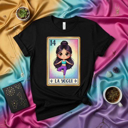 LA YOGUI Cute Chibi Yoga Pose Latina Loteria Card 14 Graphic Unisex T-Shirt, Meditation Exercise Wellness Apparel Gift Mexicada