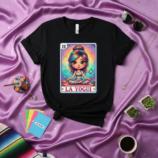 LA YOGUI Cute Colorful Yoga Girl Loteria Card T-Shirt, Meditation Practice Tee, Rainbow Hair Yogi Top, Mexican Bingo Style Graphic Shirt, Gift for Yoga Lovers, Womens and Mens Unisex Fit Mexicada