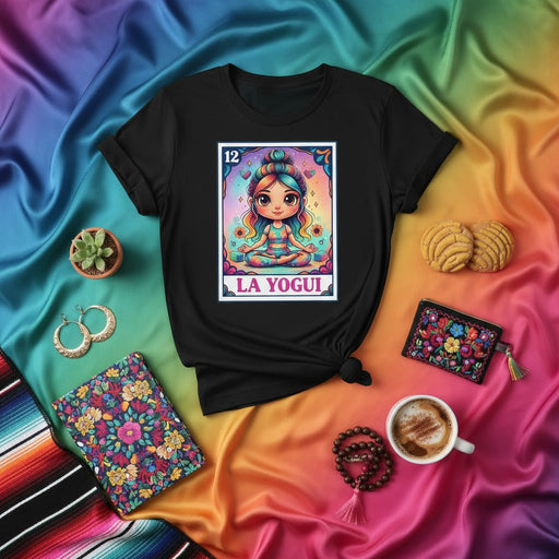 LA YOGUI Cute Rainbow Yoga Girl Loteria Card Unisex T-Shirt - Meditation Pose, Spiritual Colorful Design, Mexican Bingo Style Graphic Tee Gift Mexicada