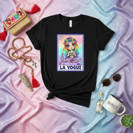 LA YOGUI Cute Rainbow Yoga Lotería Card T-Shirt, Namaste Meditation Latina Gift Tee, Boho Hippie Graphic Shirt, Mexican Bingo Game Inspired Apparel Mexicada