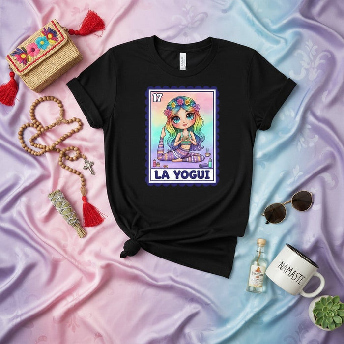 LA YOGUI Cute Rainbow Yoga Lotería Card T-Shirt, Namaste Meditation Latina Gift Tee, Boho Hippie Graphic Shirt, Mexican Bingo Game Inspired Apparel Mexicada