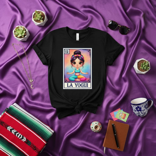 LA YOGUI Cute Yoga Loteria Card T-Shirt, Meditation Practice Unisex Tee, Chakra Design Mexican Bingo Style Gift Top for Her, Colorful Kawaii Fitness Apparel, Latina Culture Clothing for Women Mexicada