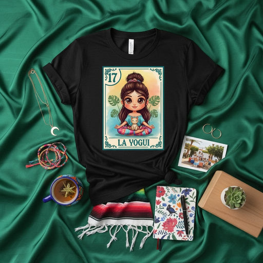 La Yogui Loteria Card T-Shirt Cute Cartoon Yogi Girl in Meditation Pose with Cat, Number 17 Mexican Bingo Style Graphic Tee, Yoga Lover Gift, Spiritual Wellness Apparel, Boho Green Satin Background Mockup Mexicada