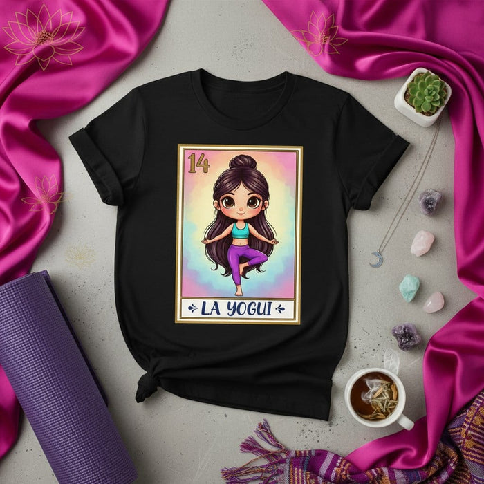 LA YOGUI Number 14 La Loteria Card Design T-Shirt, Cute Yoga Pose Graphic Tee, Unisex Mexican Bingo Game Style Apparel, Bohemian Zen Meditation Gift Top Mexicada