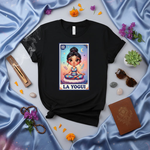LA YOGUI Yoga Goddess Loteria Card T-Shirt, Meditation Celestial Design, Cute Cartoon Style Unisex Tee, Boho Spiritual Wellness Gift for Women Mexicada