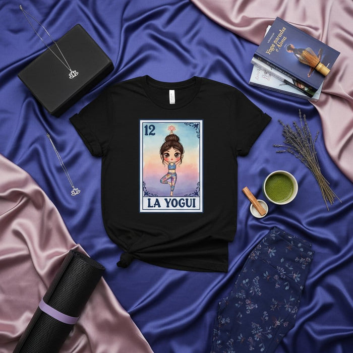 LA YOGUI Yoga Loteria Card T-Shirt, Cute Cartoon Girl in Yoga Pose Graphic Tee, Unisex Wellness Fitness Apparel Gift Mexicada