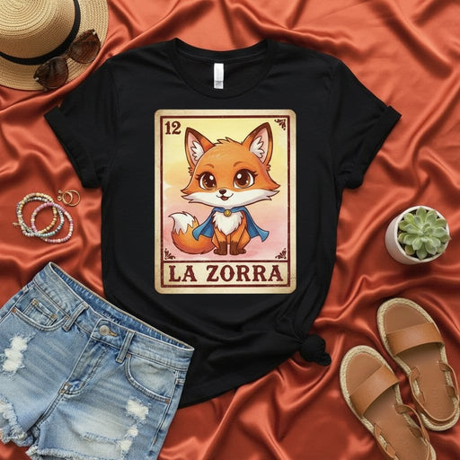 LA ZORRA Cute Fox Loteria Card Shirt, Number 12 Mexican Bingo Game T-Shirt, Kawaii Fox with Cape Unisex Tee, Latinx Culture Gift Apparel Mexicada