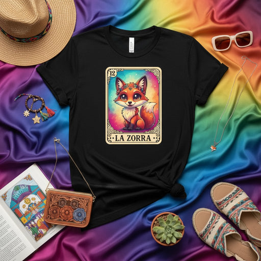 LA ZORRA Cute Kawaii Fox La Lotería Card 12 Unisex Graphic T-Shirt | Bright Rainbow Mexican Bingo Game Art Tee for Women and Men Mexicada