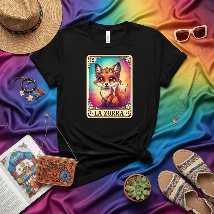 LA ZORRA Cute Kawaii Fox La Lotería Card 12 Unisex Graphic T-Shirt | Bright Rainbow Mexican Bingo Game Art Tee for Women and Men Mexicada