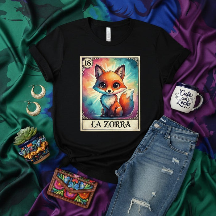 LA ZORRA Cute Kawaii Fox Loteria Card Art Unisex T-Shirt - Vibrant Mexican Bingo Game Design for Men and Women, Number 18 Graphic Tee, Gift Idea for Latinx Culture Lovers, Colorful Folk Art Style Apparel Mexicada