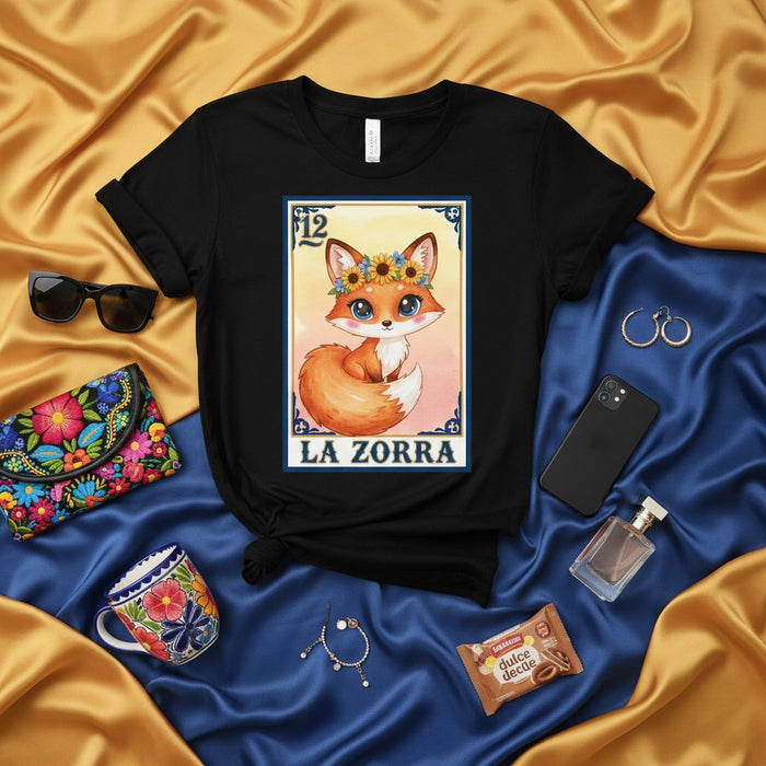 LA ZORRA Cute Watercolor Fox Loteria Card 12 Unisex Graphic T-Shirt | Mexican Bingo Game Art | Summer Sunflower Crown Animal Tee Gift Mexicada