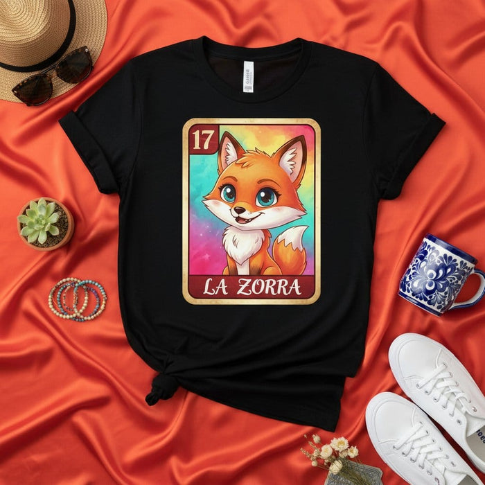 LA ZORRA Loteria Card 17 Cute Cartoon Fox Unisex Black Graphic T-Shirt, Mexican Bingo Game Card Design Tee, Colorful Animal Art Apparel Gift Mexicada