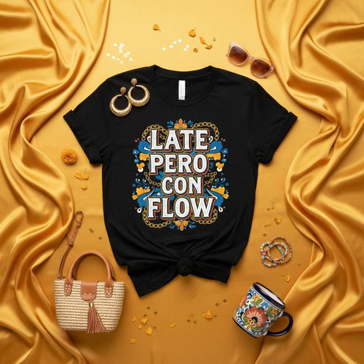 Late Pero Con Flow T-Shirt, Spanish Saying Tee, Pero Con Flow Shirt, Funny Latine Shirt, Cool Graphic T-Shirt, Colorful Typography, Latino Pride Apparel, Gift for Him Her, Unisex Adult Sizing Mexicada