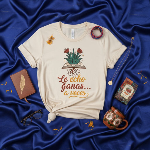 Le echo ganas... a veces Succulent Book T-Shirt, Spanish Phrase Tee, Funny Plant Lover Shirt, Rooted in Knowledge, Beige Unisex Short-Sleeve Top Mexicada