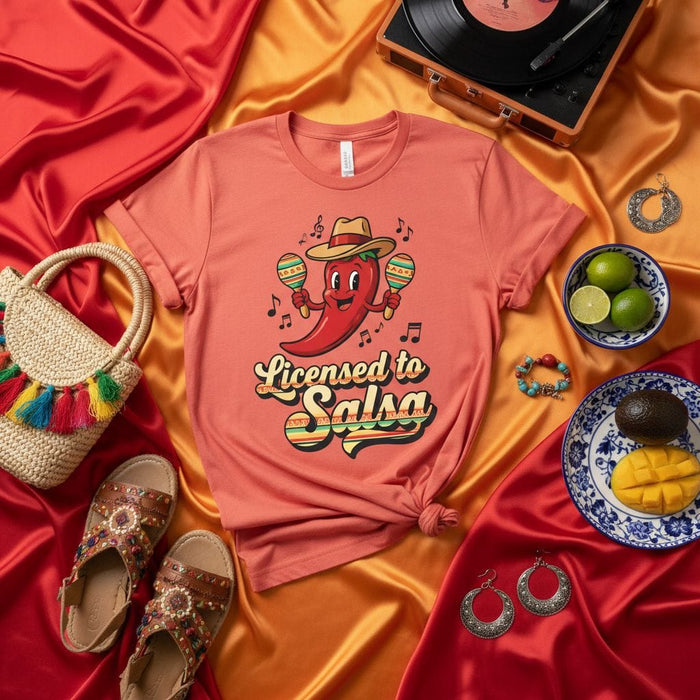 Licensed to Salsa Shirt, Funny Chili Pepper Maraca T-Shirt, Fiesta Dance Pun Tee, Unisex Graphic T-Shirt, Mexican Food Lover Gift, Retro Music Festival Apparel Mexicada