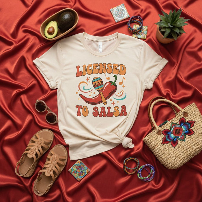 Licensed to Salsa Shirt, Funny Cinco de Mayo T-Shirt, Fiesta Mexican Chili Pepper Maraca Graphic Tee, Summer Vacation Dancing Latin Music Unisex Top Mexicada