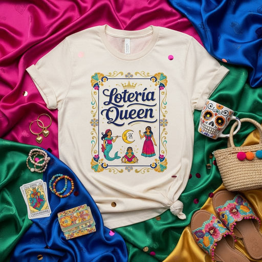 Lotería Queen T-Shirt, Mexican Bingo Game Card Inspired Tee, Latina Style Shirt with La Sirena, La Luna, La Dama, Loteria Game, Colorful Folk Art Design, Unisex Graphic Top Mexicada