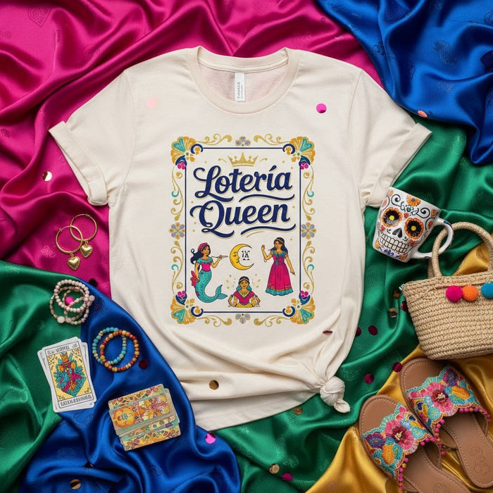 Lotería Queen T-Shirt, Mexican Bingo Game Card Inspired Tee, Latina Style Shirt with La Sirena, La Luna, La Dama, Loteria Game, Colorful Folk Art Design, Unisex Graphic Top Mexicada