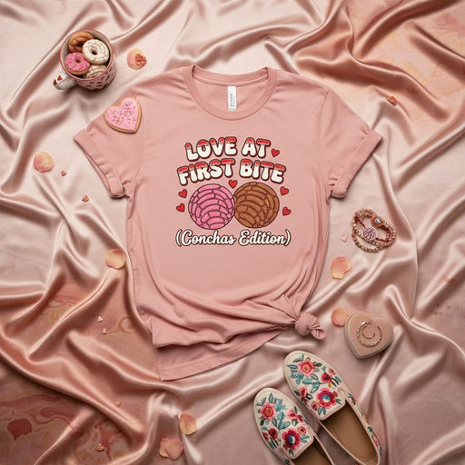 Love At First Bite Conchas Edition T-Shirt, Cute Pink Mexican Concha Bread Shirt, Valentines Day Pan Dulce Pastry Dessert Unisex Tee Gift, Romantic Foodie Apparel Mexicada