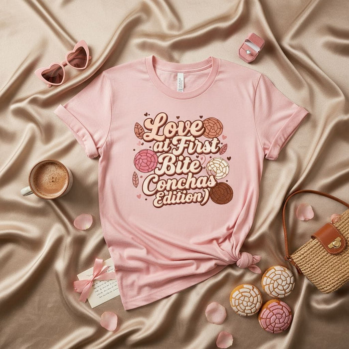 Love at First Bite Conchas Edition T-Shirt, Pastel Pink Concha Bread Graphic Tee, Funny Mexican Pan Dulce Lover Gift, Unisex Sweet Bread Shirt, Cute Valentine's Day Dessert Top Mexicada