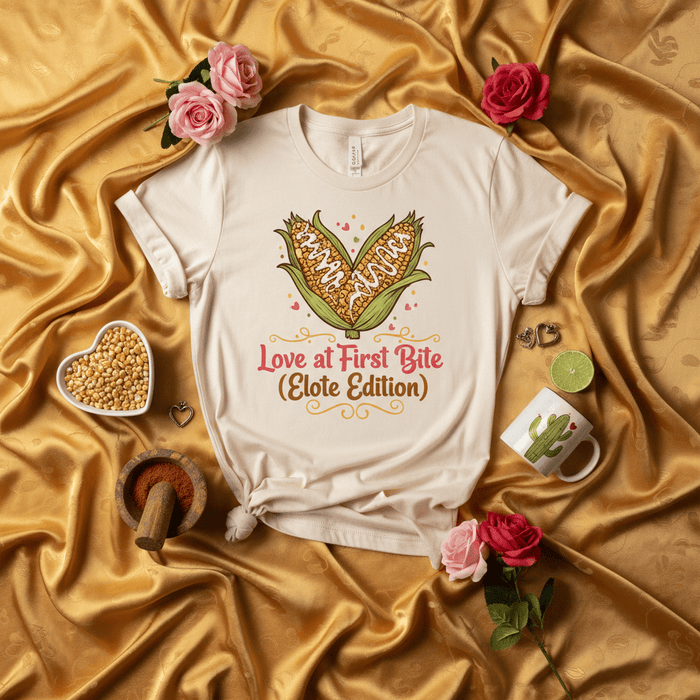 Love at First Bite (Elote Edition) Unisex T-Shirt, Mexican Street Corn Graphic Tee, Cute Food Lover Gift, Funny Elotes Shirt, Beige Aesthetic Apparel, Corn on the Cob Graphic Top Mexicada
