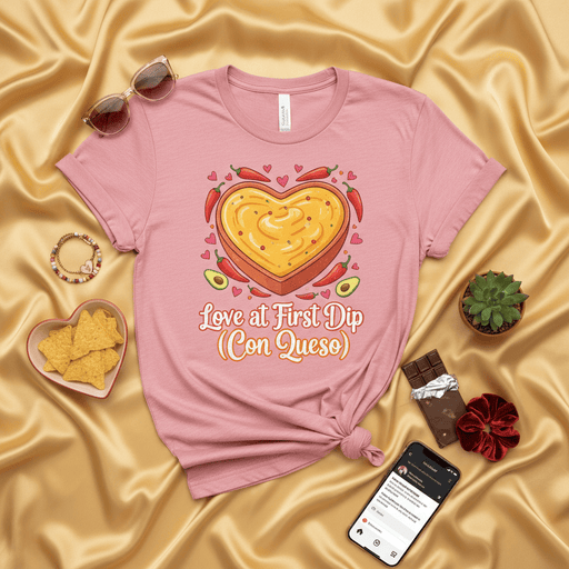 Love at First Dip (Con Queso) Funny QUESO Heart T-Shirt, Spicy Chili Peppers Avocado, Nacho Chip Dip Foodie Gift Tee, Unisex Shirt for Mexican Food Lovers, Valentine's Day Apparel Mexicada