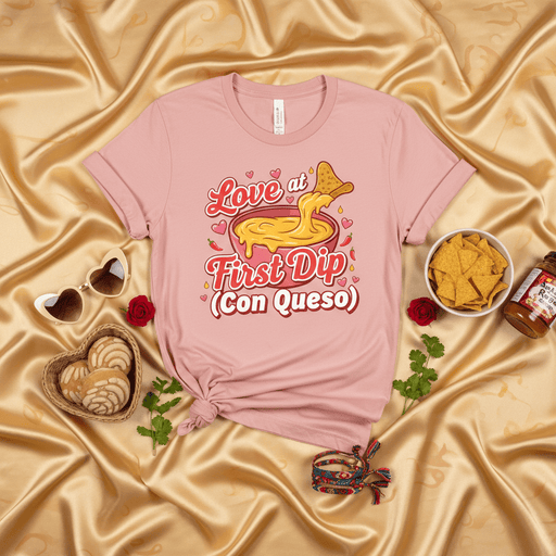 Love at First Dip Con Queso T-Shirt, Funny Valentine's Day Shirt, Nacho Cheese Graphic Tee, Mexican Food Lover Gift, Cute Couple Matching Fiesta Shirt, Unisex Pink Holiday Top Mexicada