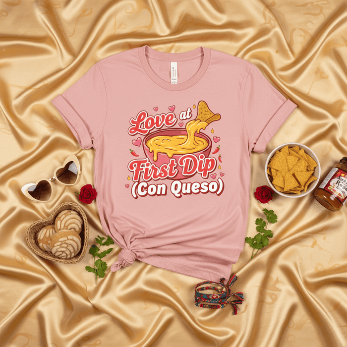 Love at First Dip Con Queso T-Shirt, Funny Valentine's Day Shirt, Nacho Cheese Graphic Tee, Mexican Food Lover Gift, Cute Couple Matching Fiesta Shirt, Unisex Pink Holiday Top Mexicada