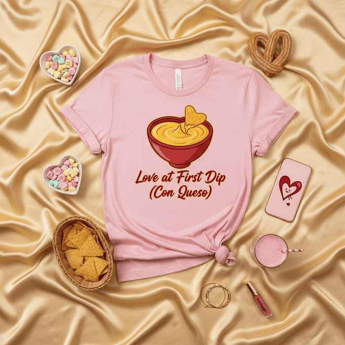 Love at First Dip (Con Queso) T-Shirt, Funny Valentine's Day Tee, Cute Heart Chip Nacho Cheese Dip Graphic Shirt, Couples Foodie Gift, Pink Unisex Shirt Mexicada