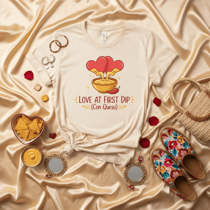 Love at First Dip (Con Queso) Unisex T-Shirt, Funny Cheese Dip Lover Tee, Nacho Chips & Queso Gift Shirt, Foodie Apparel, Valentine's Day Shirt, Mexican Food. Mexicada