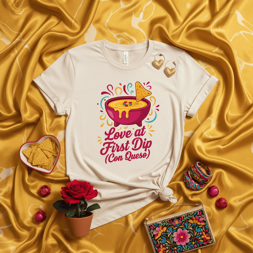 Love at First Dip (Con Queso) Unisex T-Shirt, Nacho Cheese Dip Graphic Tee, Foodie Shirt, Gift for Queso Lover, Funny Mexican Food Apparel Mexicada