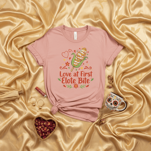 Love at First Elote Bite T-Shirt, Mexican Street Corn Tee, Funny Foodie Shirt, Cute Elote Lovers Gift, Unisex Pink Graphic T-Shirt, Fiesta Apparel for Men and Women, Hispanic Heritage Month Clothing Mexicada