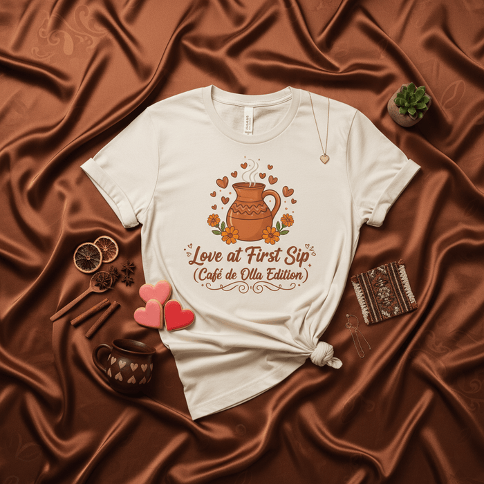 Love at First Sip (Café de Olla Edition) T-Shirt: Unisex Graphic Tee with Traditional Mexican Clay Pot Coffee Design, Hearts, Flowers, and Hispanic Food Culture Theme. Mexicada