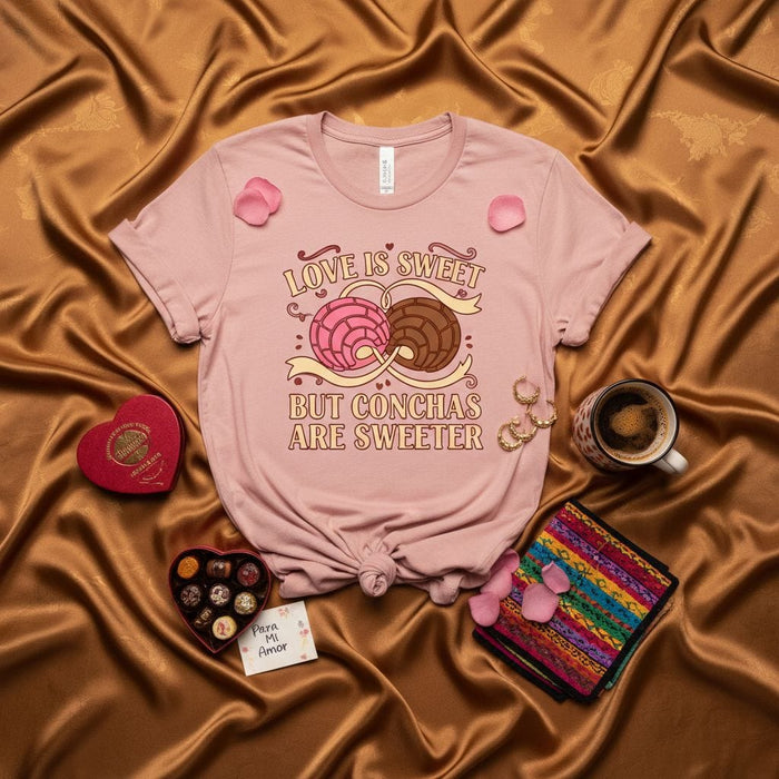 Love Is Sweet But Conchas Are Sweeter T-Shirt, Pan Dulce Mexican Sweet Bread Shirt, Hispanic Bakery Tee, Valentine's Day Gift, Unisex Concha Shirt Mexicada