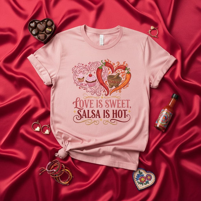 Love Is Sweet Salsa Is Hot Shirt, Spicy Valentine's Day T-Shirt, Hot Sauce Chili Pepper Graphic Tee, Foodie Couple Gift, Unisex Pink Cotton Shirt Mexicada