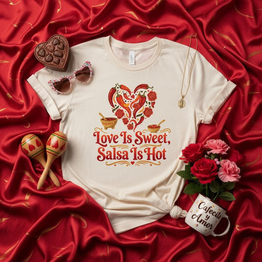 Love Is Sweet, Salsa Is Hot T-Shirt | Heart Chili Peppers & Roses Graphic Tee | Funny Valentine's Day Mexican Food Lover Gift | Unisex Shirt with Maracas & 'Cafecito y Amor' Theme Mexicada