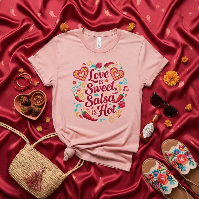 Love Is Sweet, Salsa Is Hot T-Shirt | Spicy Valentine's Day Gift Tee for Foodies & Hot Sauce Lovers | Unisex Pink Graphic Shirt with Chilis & Hearts Mexicada